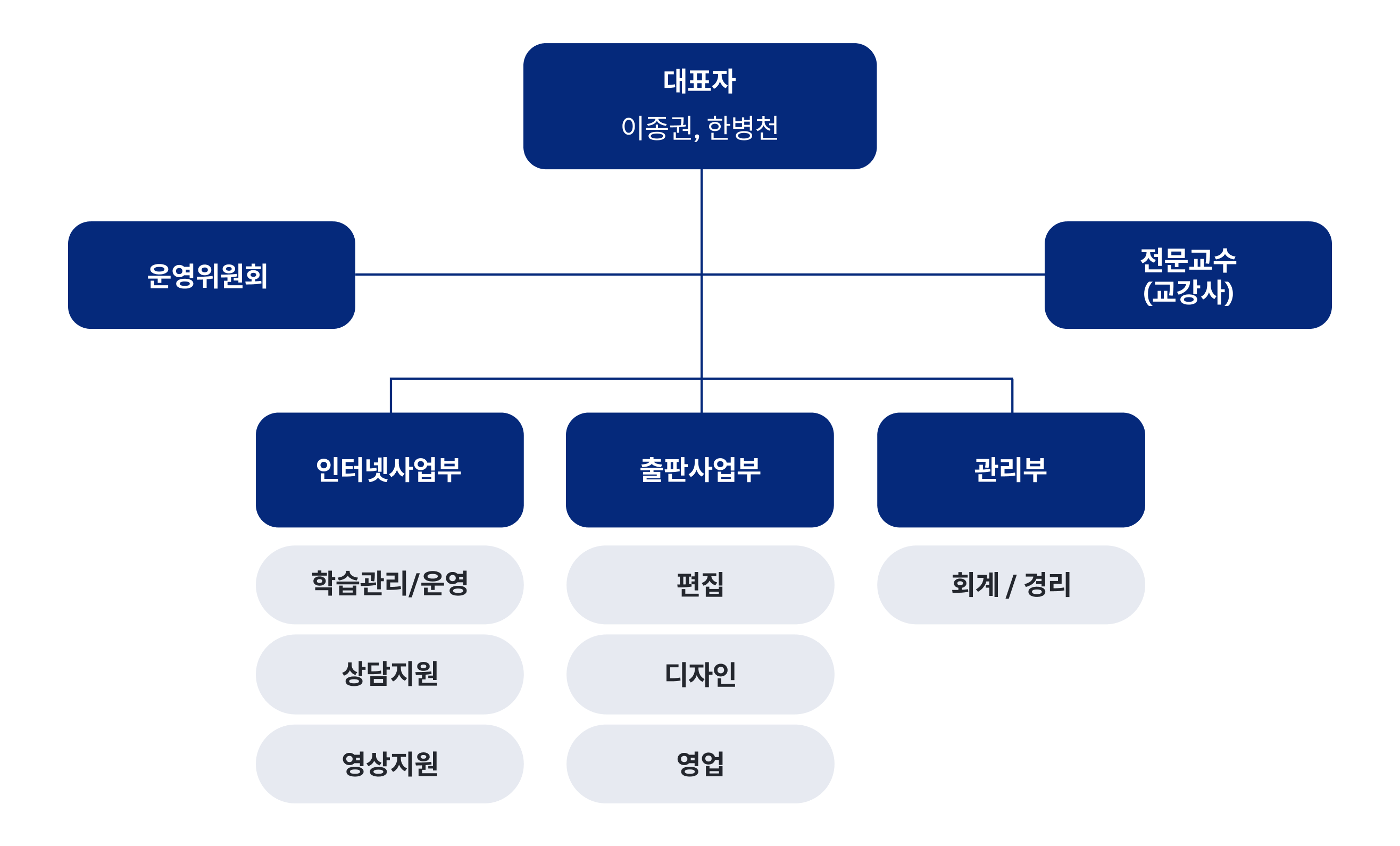 한솔아카데미 조직도. 대표자 아래에 운영위원회, 전문교수(교강사), 인터넷사업부, 출판사업부, 관리부가 있으며, 각 부서는 세부 팀으로 구성됨.